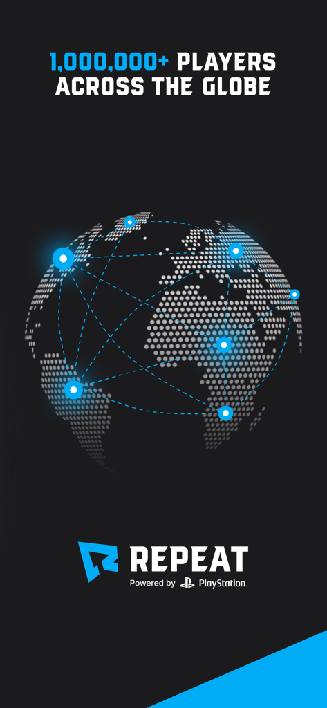 Repeat.gg app screen displaying over 1 million players across the globe with a world map graphic and PlayStation branding