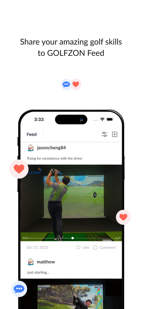 Smartphone screen showing the GOLFZON Global app social feed with a golf simulator swing video