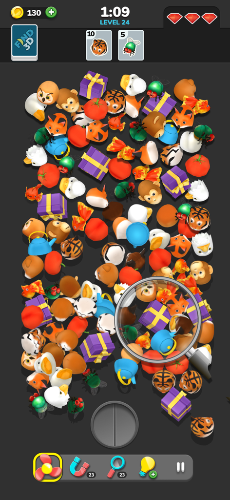 Find 3D ™ - Match 3D Items - Gameplay-Screenshot von Find 3D Match 3D Items, der einen Stapel von 3D-Objekten zeigt, die sortiert und kombiniert werden müssen, sowie ein Lupe-Werkzeug.