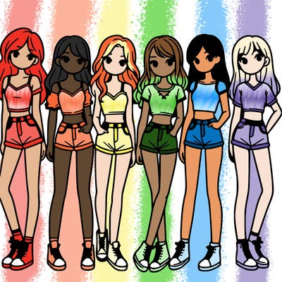 a group of girls wearing crop tops and shorts