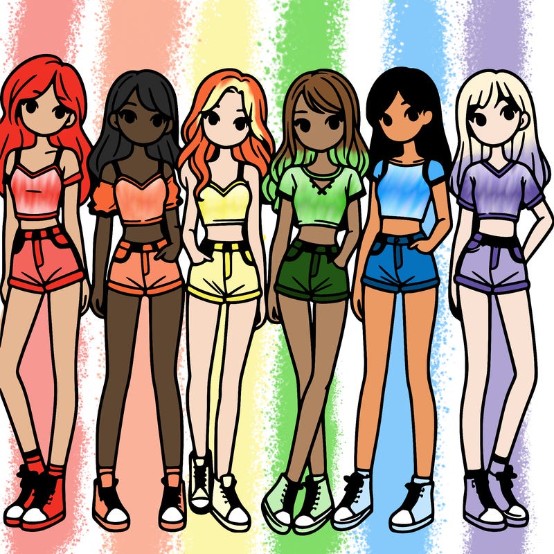 a group of girls wearing crop tops and shorts