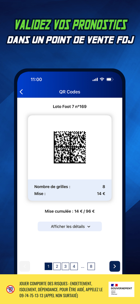 PronoFoot 1N2 - Écran de smartphone de l'application PronoFoot 1N2 affichant un code QR pour valider les paris sur le football Loto Foot dans un point de vente.