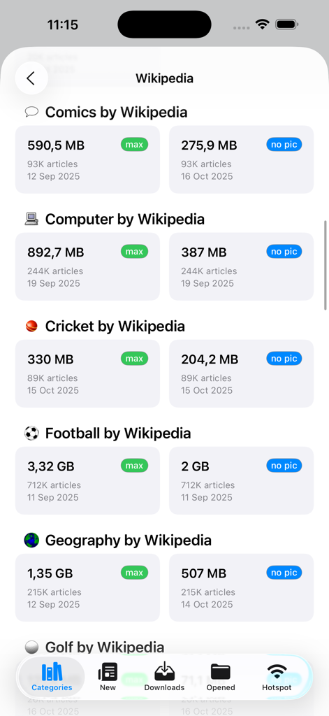 Kiwix app screen showing Wikipedia categories and download sizes for offline reading