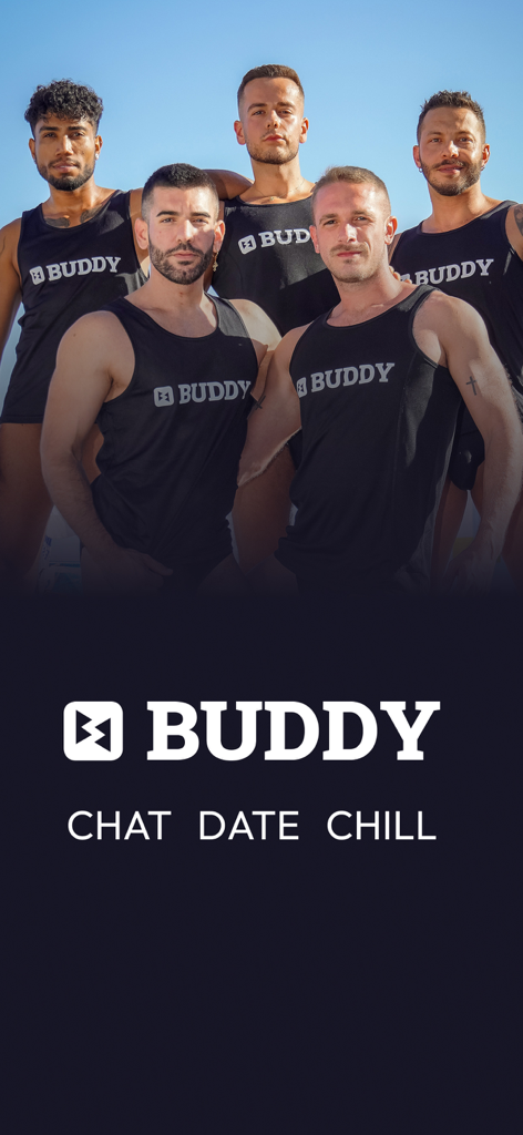 Fünf Männer tragen schwarze Buddy-Tanktops über dem Text Buddy Chat Date Chill