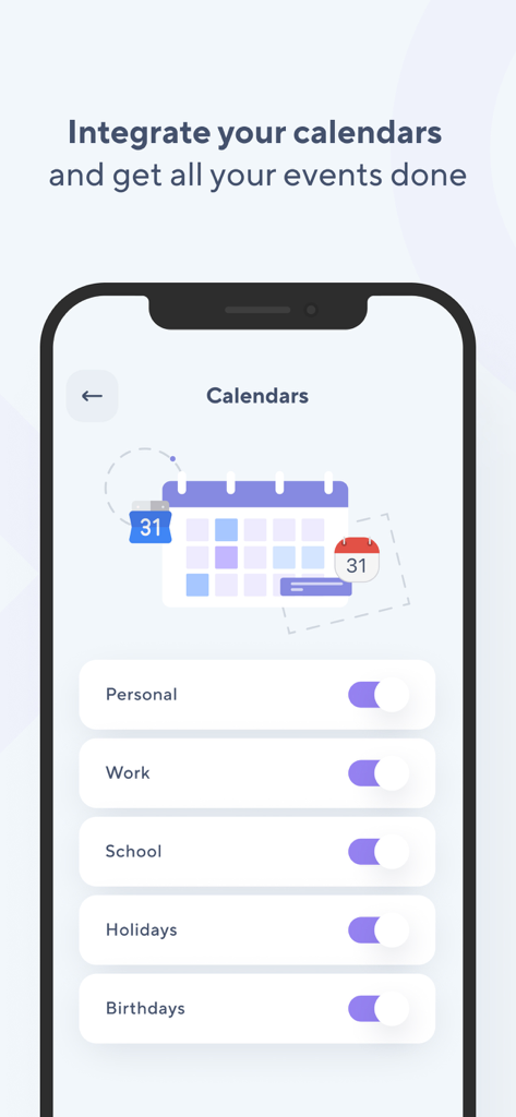 TimeBloc - Daily Planner - TimeBloc app screen showing calendar integration settings with toggles for personal work and school events