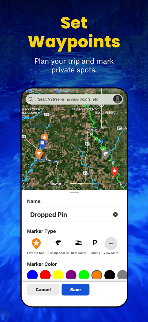 TroutRoutes: Fly Fishing App - TroutRoutes app interface for setting custom map waypoints and fishing spots