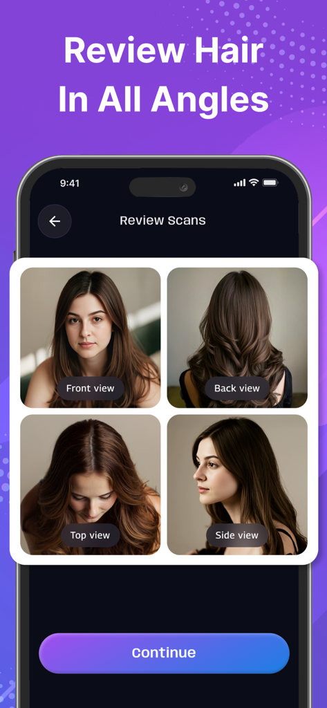 Hair AI: Hair Scanner & Care - A mobile app interface displaying a multi angle hair scan review with front back top and side views