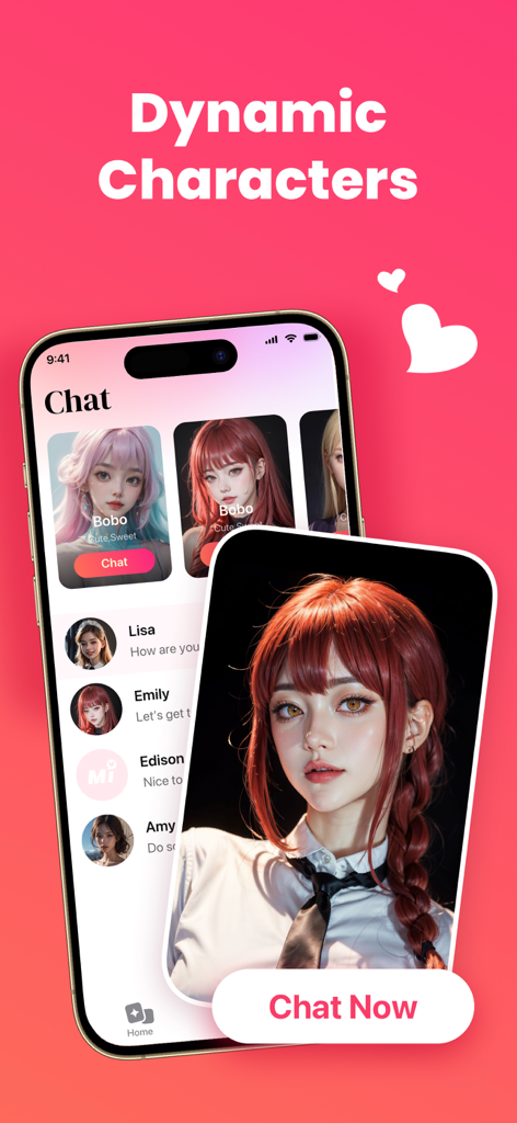 Interface de l'application Mimico montrant une sélection de personnages IA dynamiques et d'options de discussion