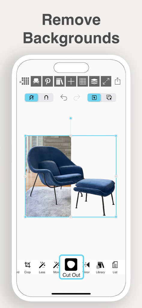 Morpholio Board - Moodboard - Morpholio Board app interface showing the background removal tool for furniture moodboards.