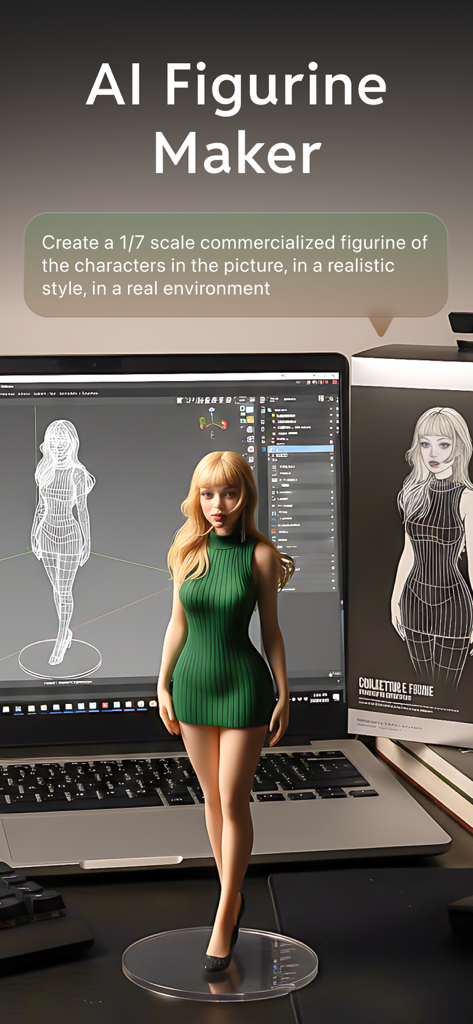 AI-generated 3D figurine of a woman in a green dress on a desk
