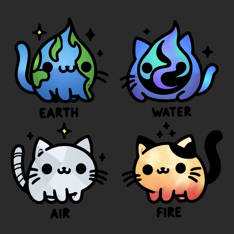 4 cats that represent the different elements, earth, water, air, and fire