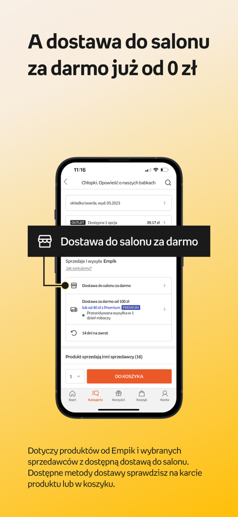 Empik app interface showing product details and free delivery to store options for Polish books