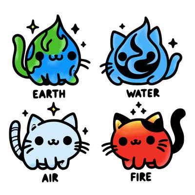 4 cats that represent the different elements, earth, water, air, and fire