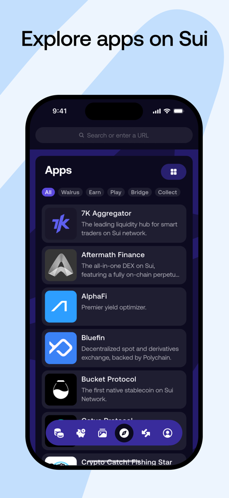 The Slush Sui wallet app discovery screen listing decentralized finance and ecosystem apps