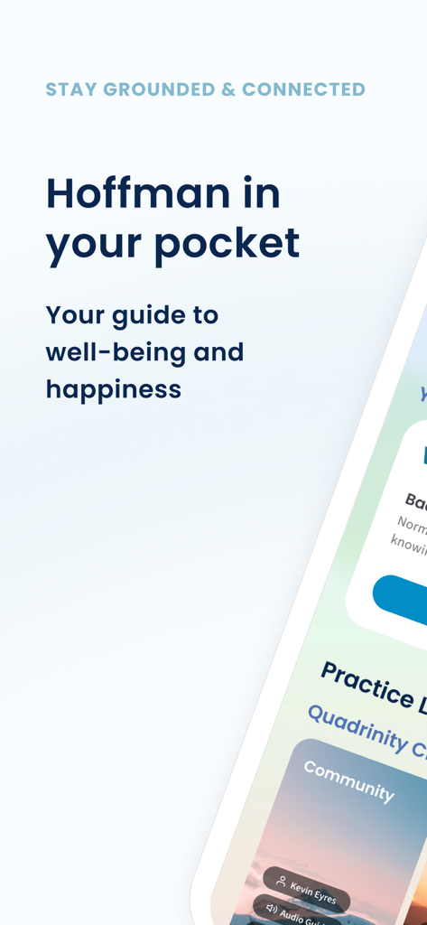 Interfaz de la app Hoffman Daily Practice que muestra el eslogan Hoffman en tu bolsillo y la descripción de la guía de bienestar.