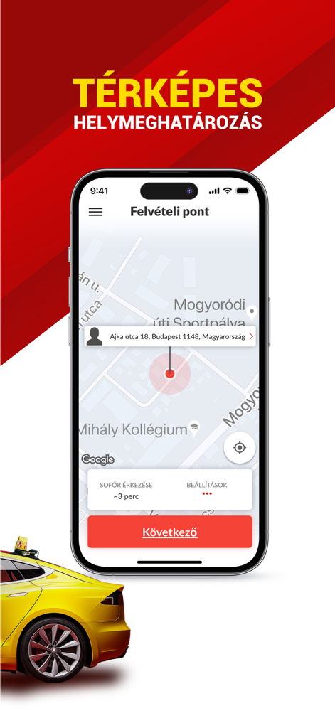 Fotaxi mobile app screen showing a map for selecting a pickup location in Budapest Hungary