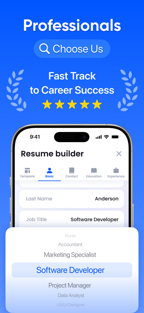 求人タイトルの選択機能を示す、プロフェッショナルな履歴書を作成するためのモバイルアプリインターフェイス