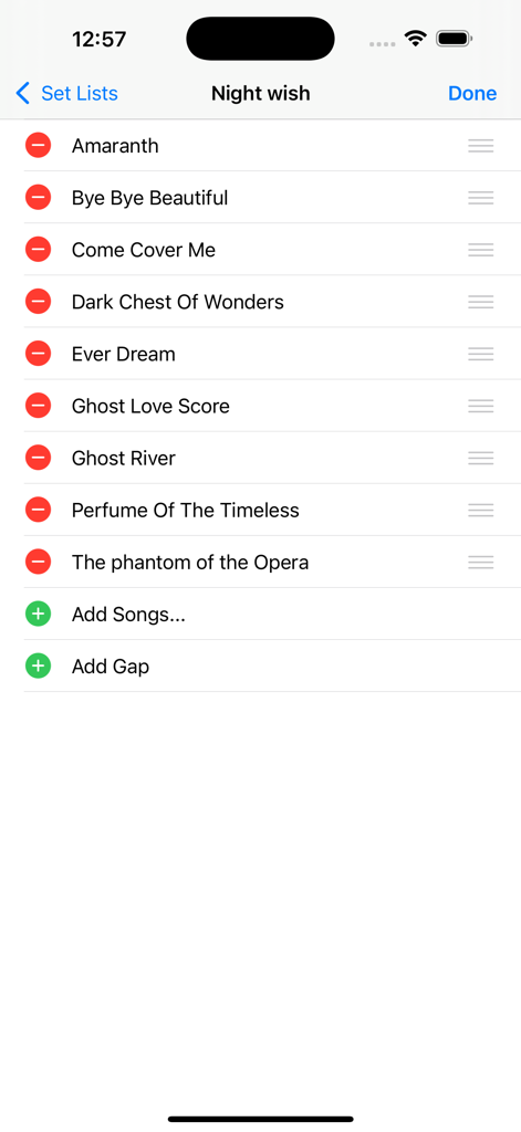 My Lyric Book - Editing a music setlist in the My Lyric Book mobile app.