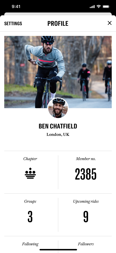 Profile page of a member in the Rapha Cycling Club app showing membership number and upcoming rides
