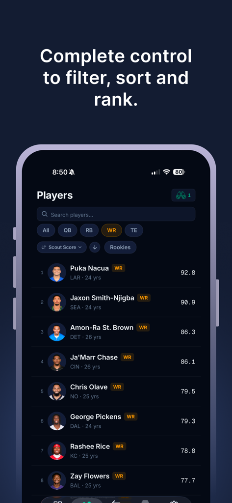 Dynasty Scout app interface showing a ranked list of wide receivers with filtering and sorting tools