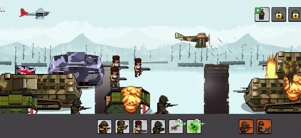 Escena de batalla del juego de estrategia de la Primera Guerra Mundial en pixel art con tanques y soldados en combate