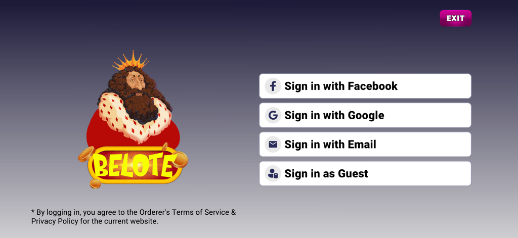 Schermata di accesso al gioco di carte Belote che mostra le opzioni di accesso per Facebook Google Email e Ospite