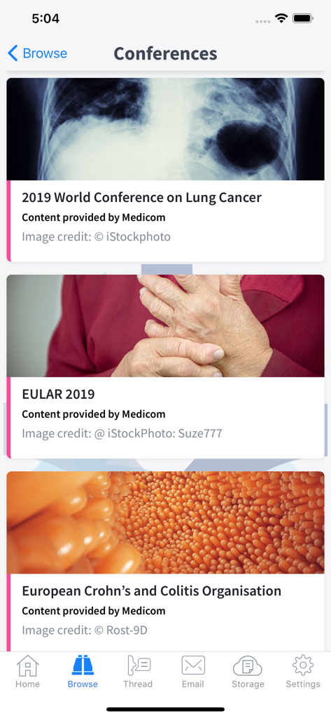 my Doctors.net.uk - A mobile application screen displaying a list of medical conferences with images and titles related to lung cancer, rheumatology, and inflammatory bowel disease.