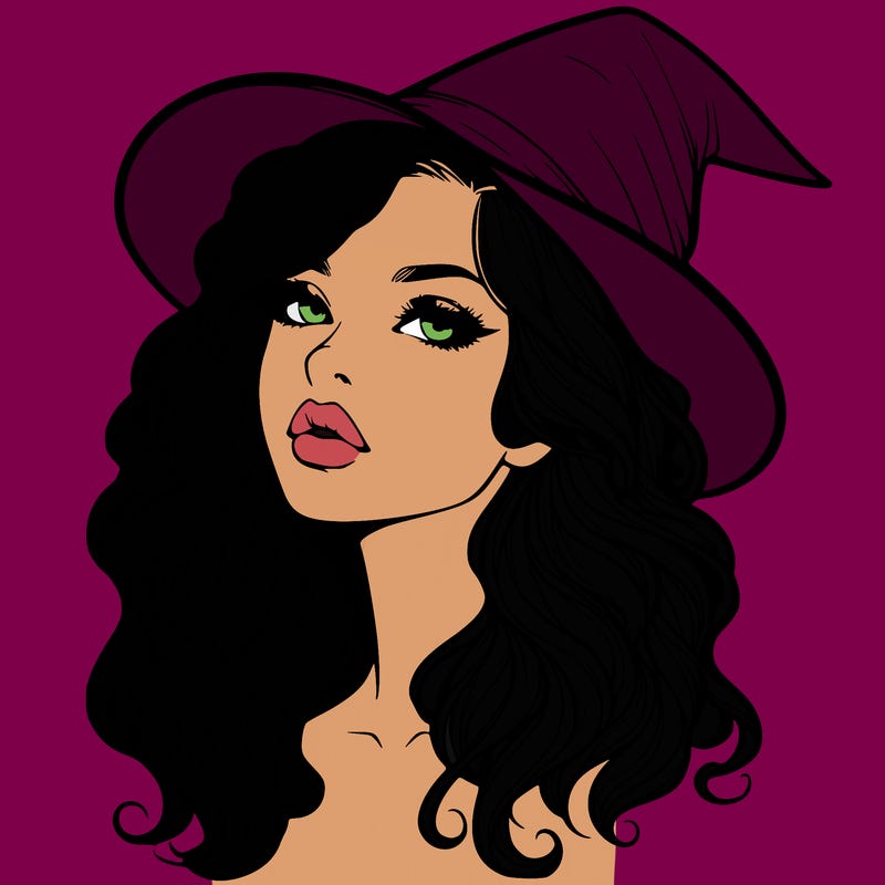 realistic witch girl with wavy hair and lips