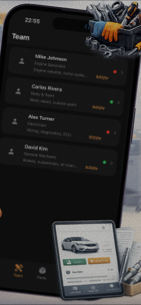 Mechanics Manager - Interface of the Mechanics Manager app showing a list of shop team members including engine specialists and electricians.