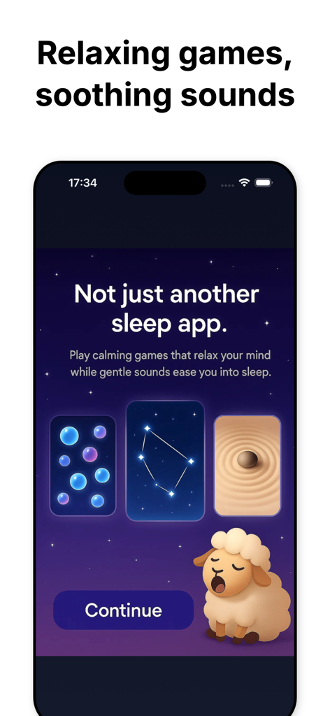 Sleep Games app welcome screen showing calming mini games and a yawning sheep on a dark starry background