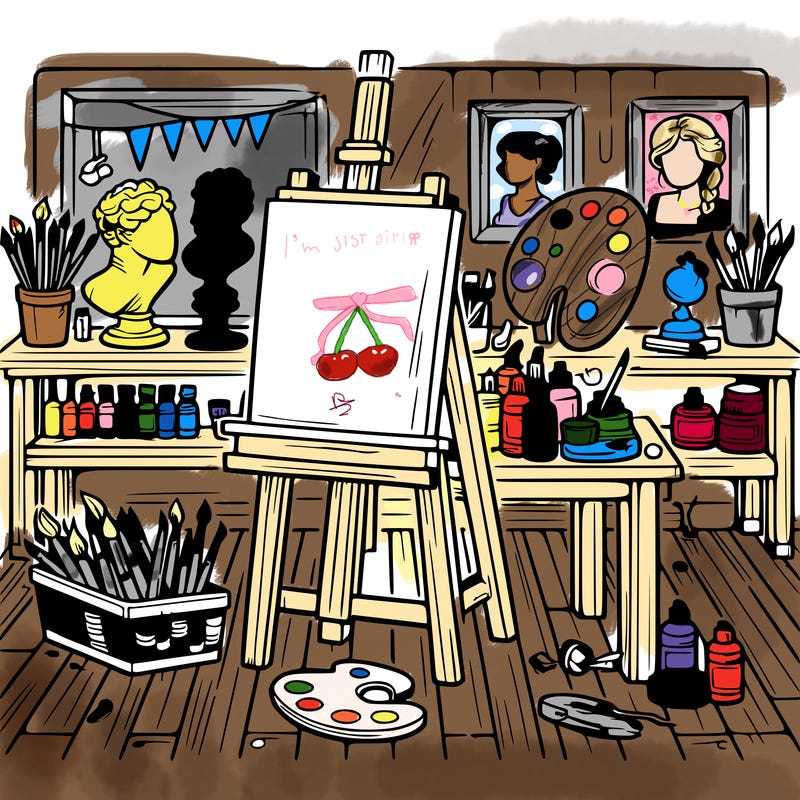 an art studio with canvases, paints, and sculptures