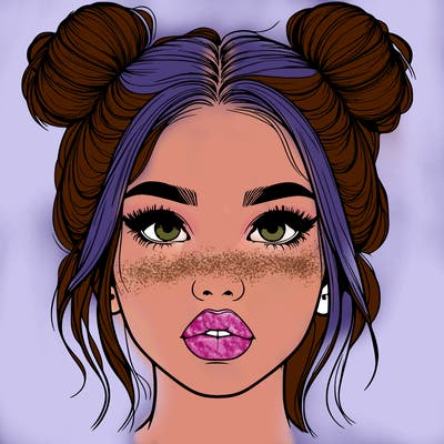 realistic girl with two buns on her hair and lips