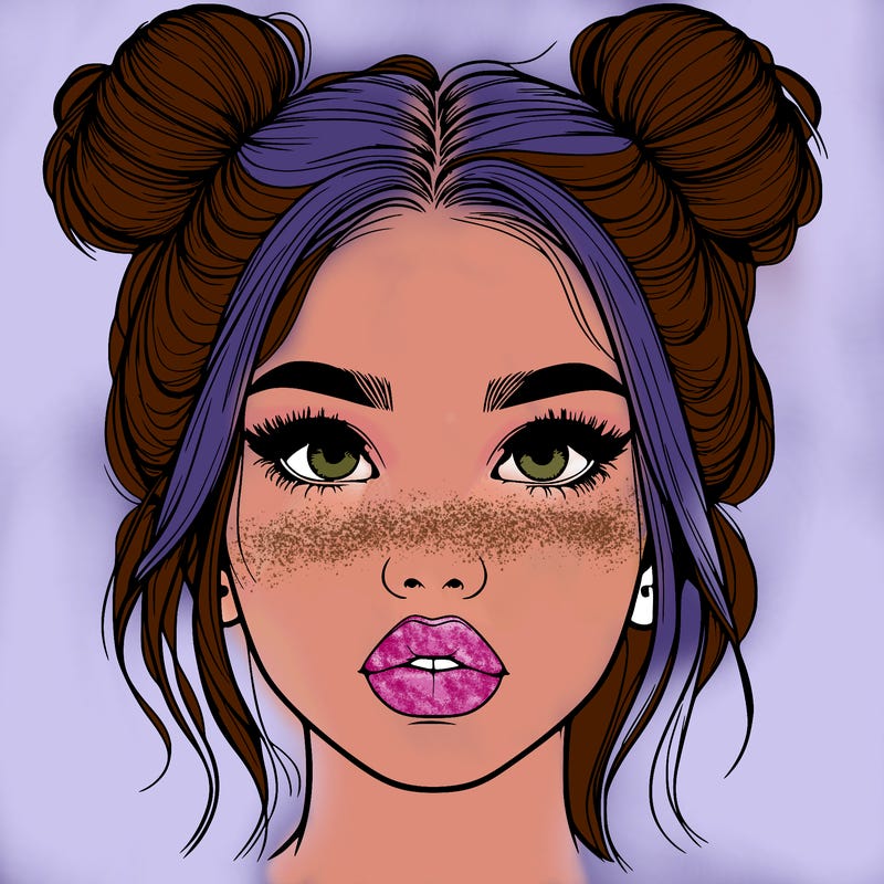 realistic girl with two buns on her hair and lips