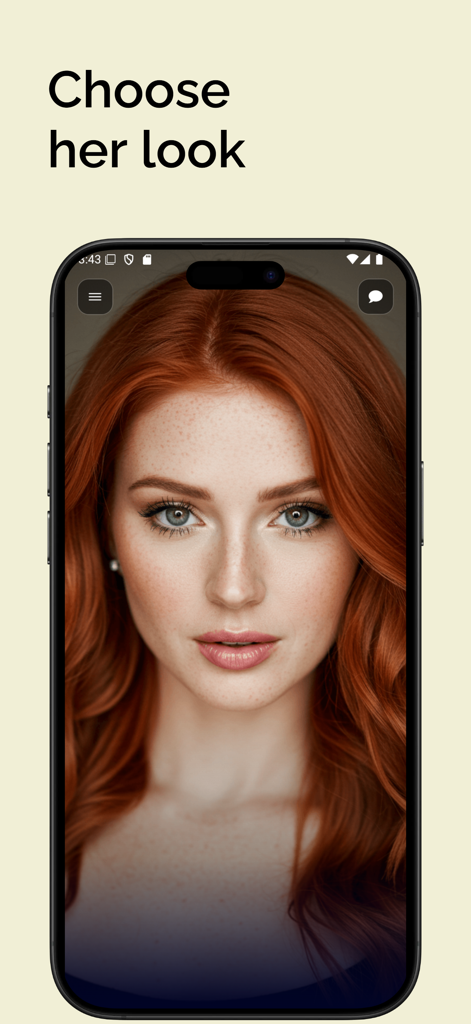 My AI Girlfriend - Una pantalla móvil que muestra una compañera IA personalizable de cabello rojo en la aplicación Mi Novia IA