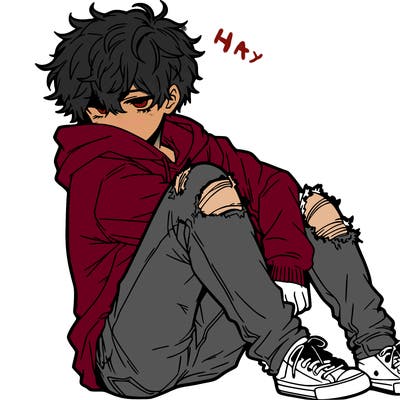 a male hoddie ripped jeans messy hair anime