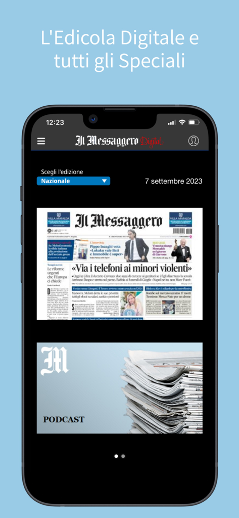 Il Messaggero mobile app displaying the digital newspaper front page and podcast section on a smartphone