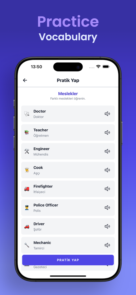Learn English by FluenTech - Pantalla de práctica de vocabulario de inglés para trabajos y profesiones con traducciones