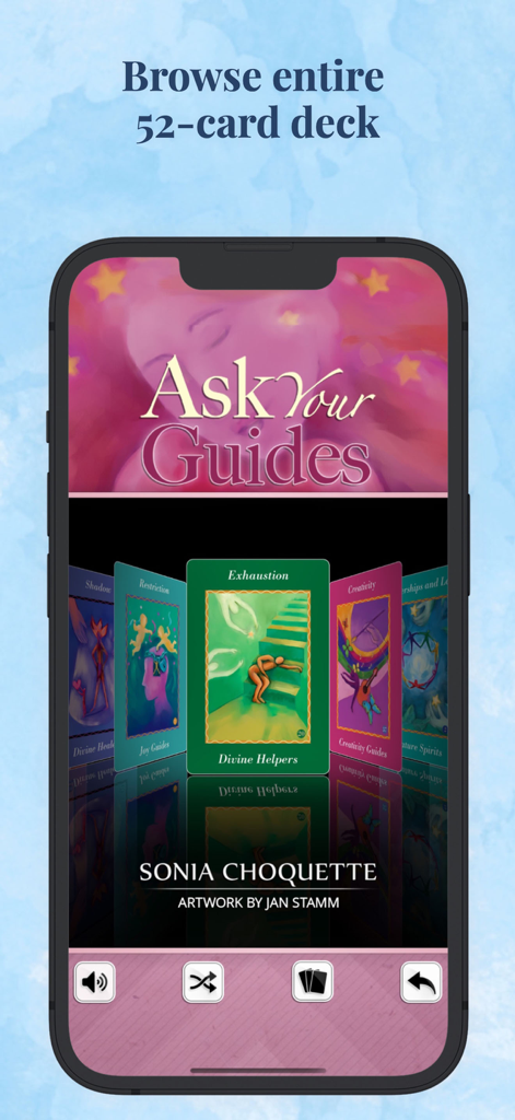 Ask Your Guides Oracle Cards - Smartphone screen showing the 52-card deck carousel within the Ask Your Guides Oracle Cards app.