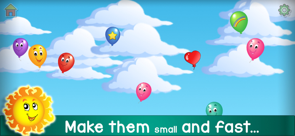 Kids Balloon Pop Language Game - Pantalla de juego de Kids Balloon Pop mostrando globos coloridos flotando en un cielo azul nublado con un ícono de sol sonriente