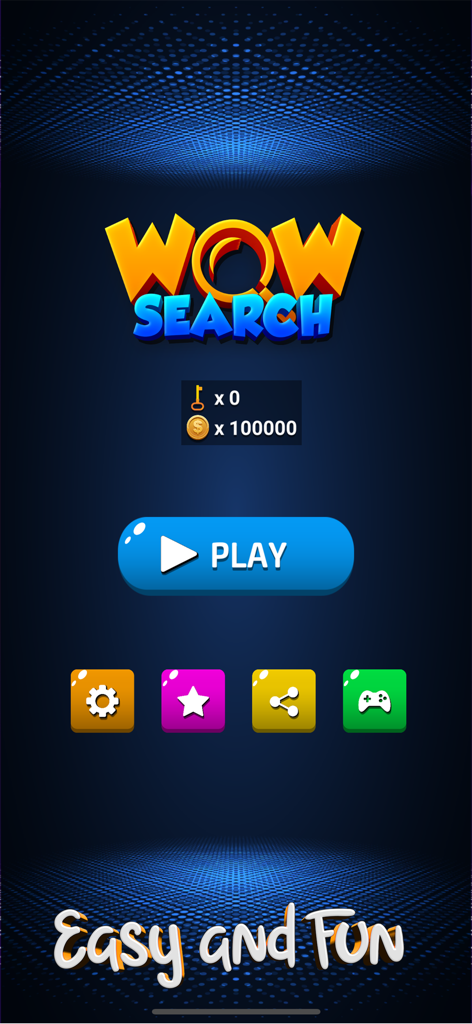 Home screen of Wow Search word puzzle game featuring a play button and coin balance