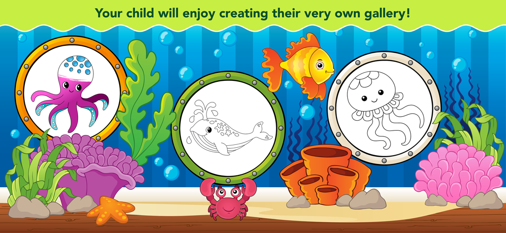 Toddler Coloring Book for Kids - Uma galeria de arte digital com tema subaquático exibindo páginas para colorir de crianças com criaturas marinhas como um polvo e uma baleia.
