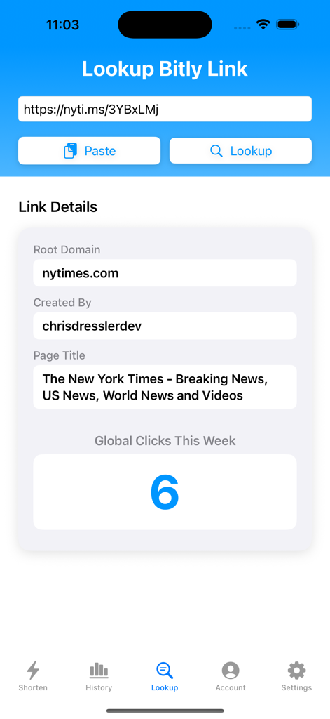 Interface do aplicativo Shortly mostrando detalhes do link Bitly e estatísticas de cliques