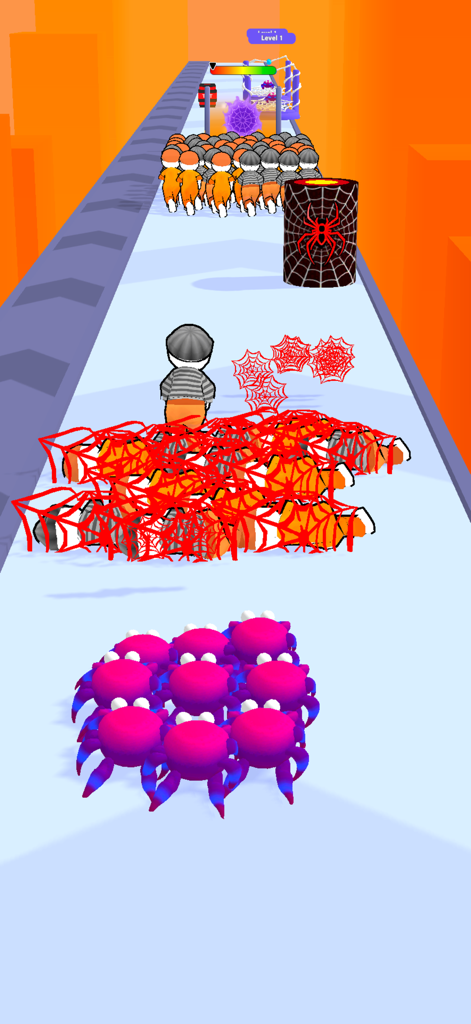 Spider Evolve n Shoot - Pink spiders shooting red webs to trap enemies in a colorful runner game level