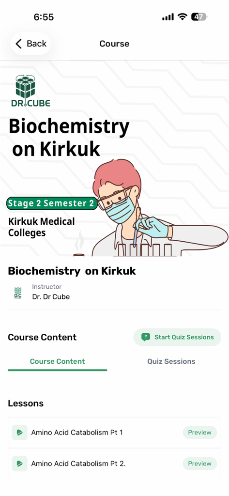 Dr. Cube - Biochemistry course interface in the Dr Cube app showing lessons for Kirkuk Medical Colleges.