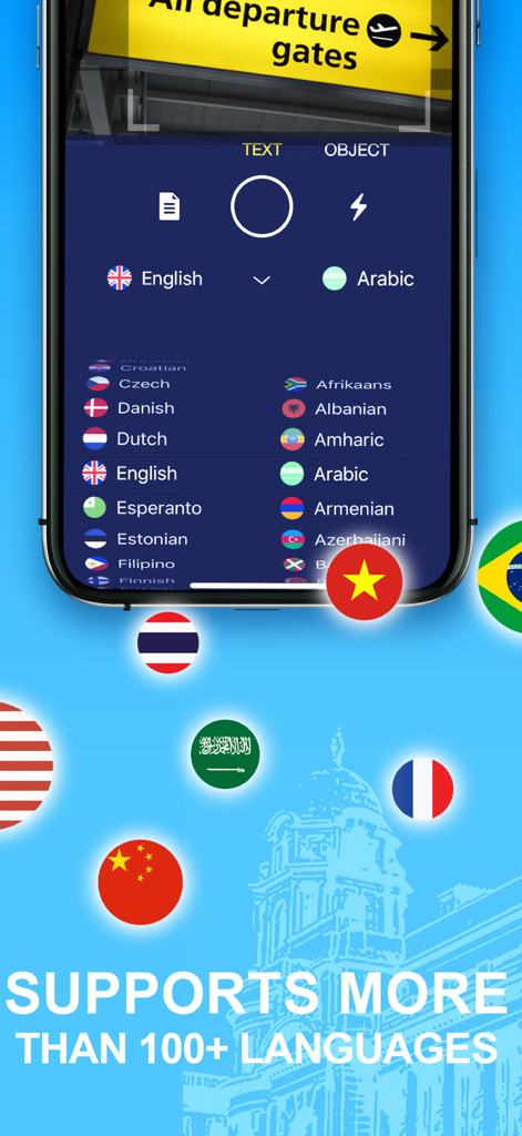 Translate Snap Scan Translator app interface showing language selection and support for over 100 languages
