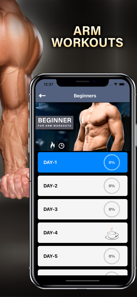 ArmWorkout Celebrity Challenge - Mobile app screen showing a 30 day beginner arm workout challenge schedule