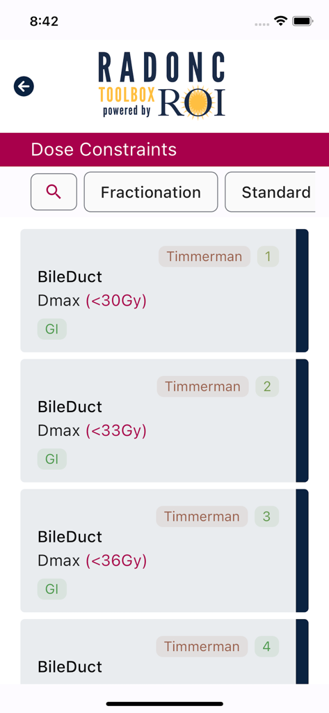 RO Toolbox - Mobile app screen showing radiation oncology dose constraints for the bile duct based on clinical guidelines