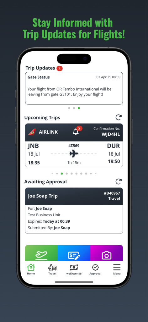 Travelit App Dashboard zeigt Fluggate-Status-Updates und anstehende Geschäftsreise-Reiserouten