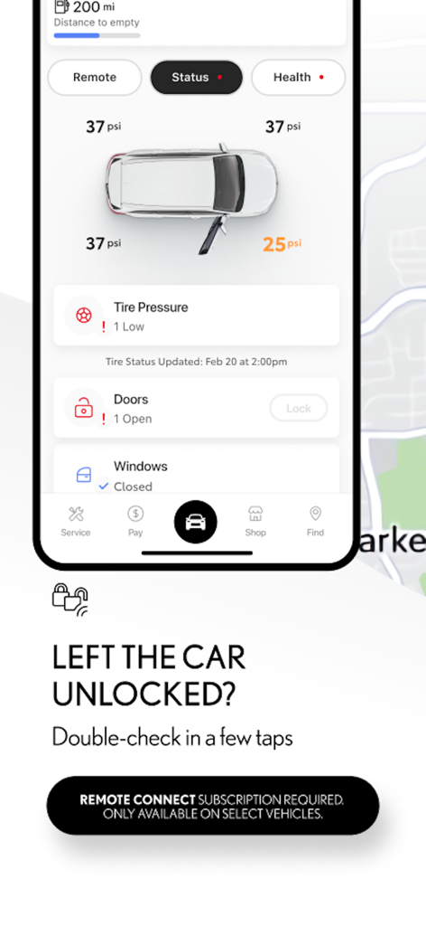 Interface of the Lexus app showing vehicle health and status alerts for tire pressure and unlocked doors