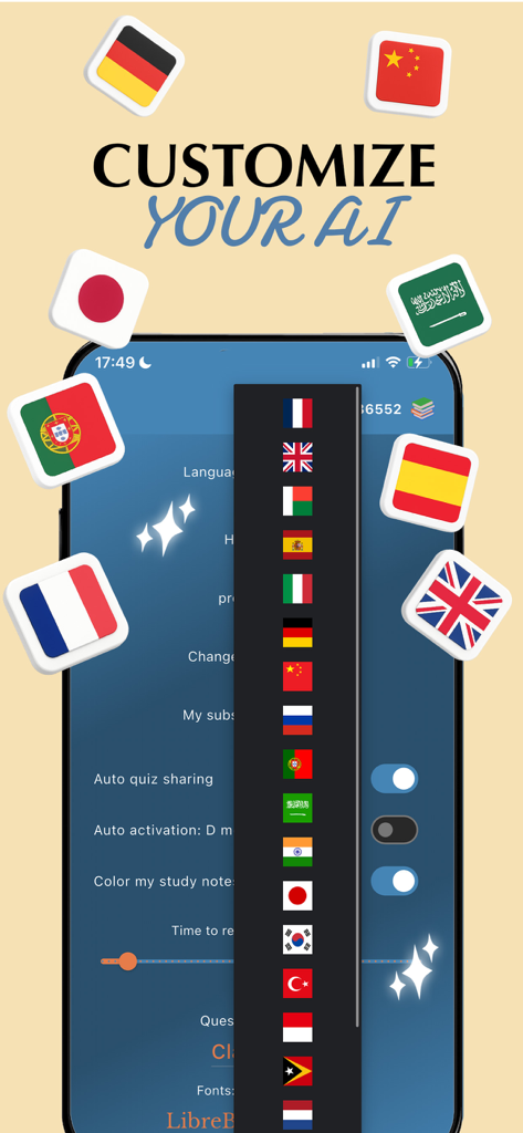 Aistote app interface showing a list of international flags for AI language selection and customization.
